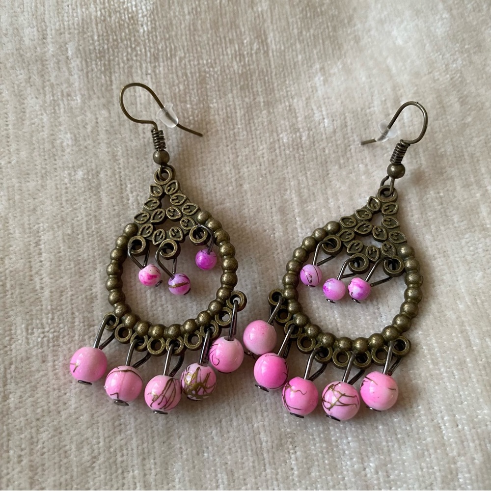 Fashion Earrings Pink Marbled Beads Metal Dangle